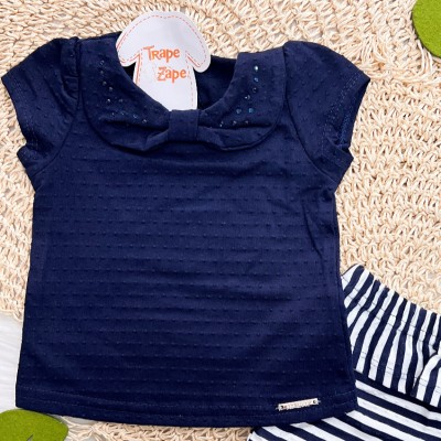 Conj. Blusa Laço com Strass e Short Listrado - Branco e Marinho